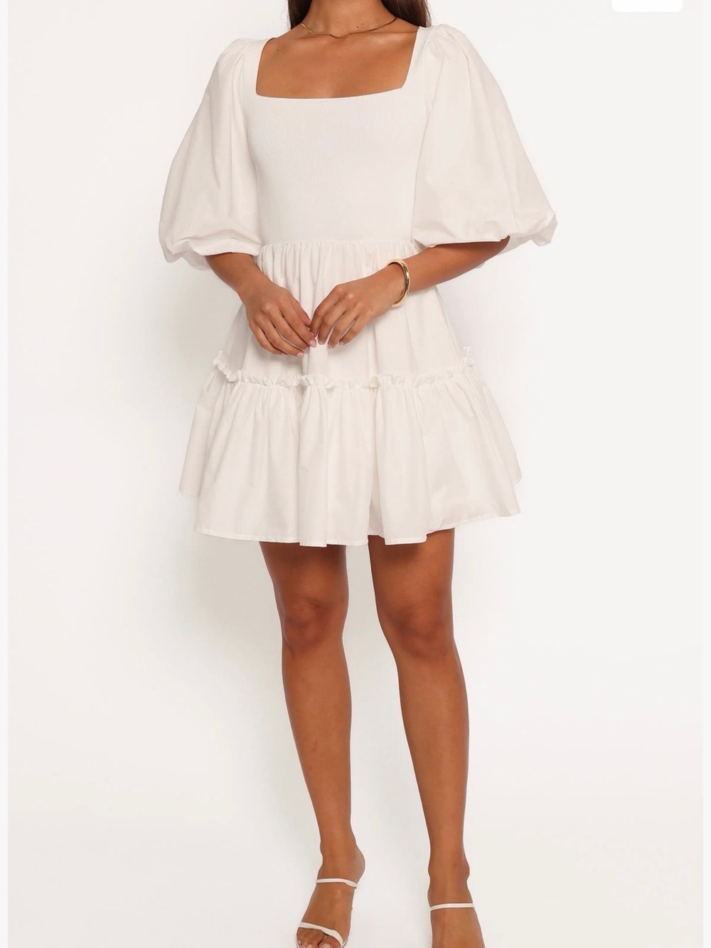 Petal & Pup White Puff-Sleeve Tiered Mini Dress